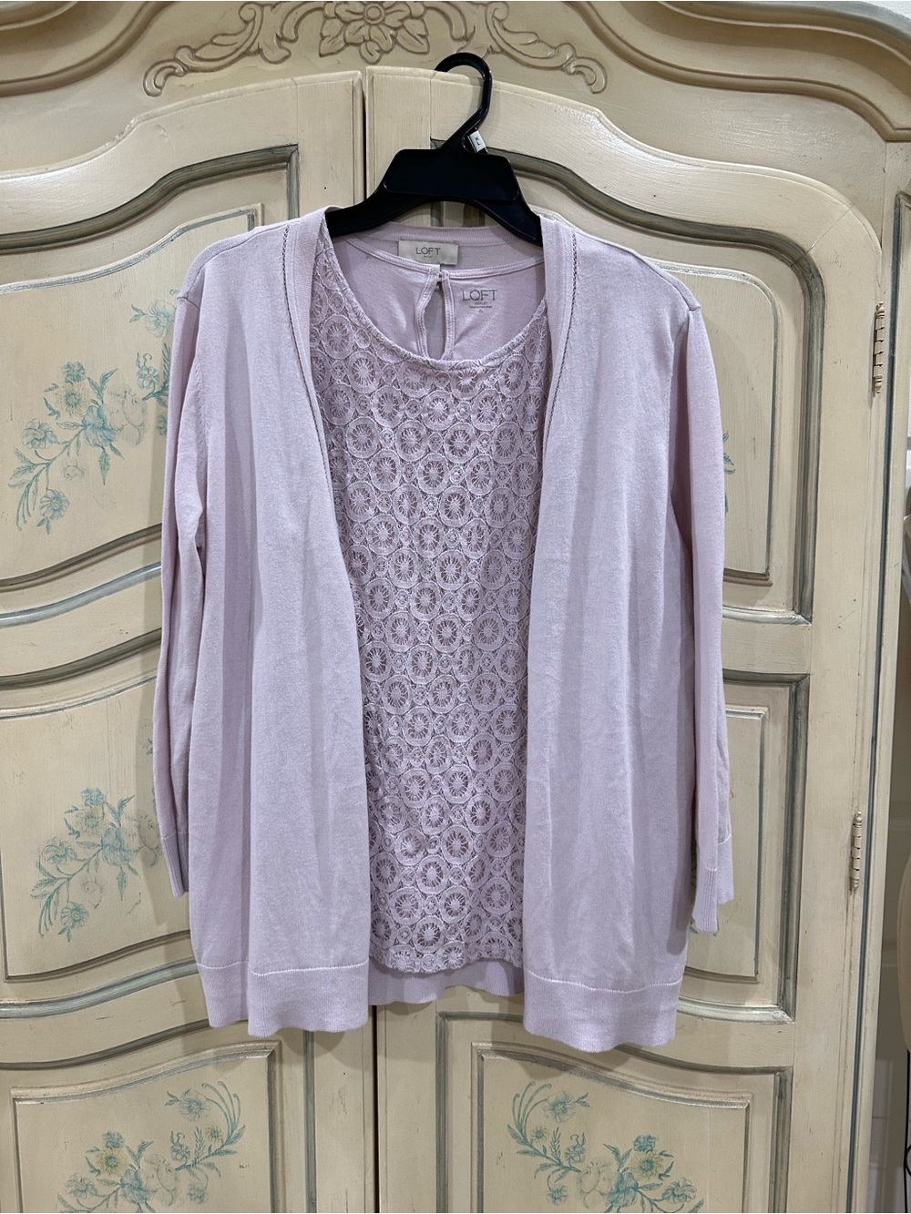 LOFT Lavender Lace-Front Cardigan and Shell Set